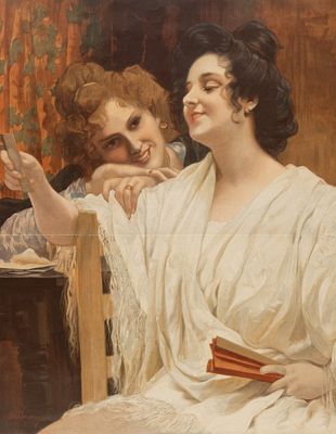 Шрам А. Г. "Мой новый поклонник". Конец XIX века. Цв. торцовая ксилография. Размер оттиска 41 