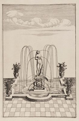 Садовый фонтан с фигурой Евы. Лист №38 из издания Бёклера Г. А. "Architectura Curiosa Nova". 
