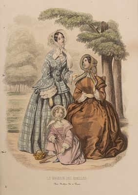 Мода. Две дамы и девочка. Иллюстрация из журнала "Le magasin des familles". 1840-1860-е гг. 