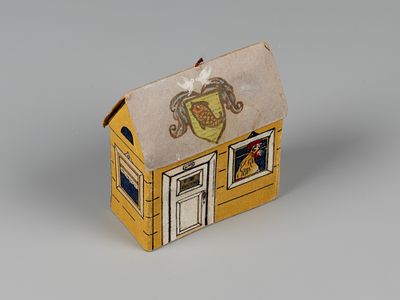 Елочная игрушка. Картонный домик. 1950-е. Картонаж. Размер 8х7х3.5 см. Владельческие доработки. 