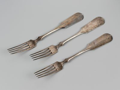 [Редкая марка] Frage. Вилки. 3 шт. Фраже. Польша в РИ, 1854 г. Гальваническое серебрение. Длина 