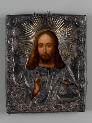 Икона в окладе. Господь Вседержитель. Санкт-Петербург, сер. XIX в. Дерево, масло, бел. металл 