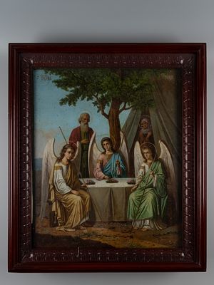 Икона. Ветхозаветная Троица &laquo;Гостеприимство Авраама&raquo;. Пер. треть XIX в. Дерево, масло, паволока 