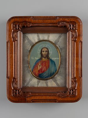 Икона на перламутре. Господь Вседержитель. Мастерская Григория Сбитнева. кон. XIX в. Масло 