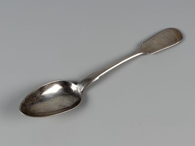 Столовая ложка. Санкт-Петербург (?), 1895 г. Бел. металл. Вес 79 г. Длина 22 см. Клеймо тройник 