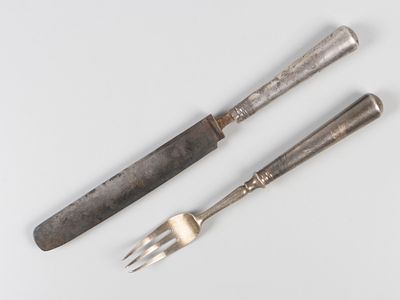 Столовые вилка и нож. Птицы и розы. Кон. XIX в. Бел. металл, гравировка. Общий вес 170,4 гр. 