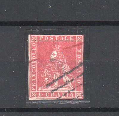 Почтовая марка Тосканы (Италия). 1853-55 гг. Мих.№4у ВЗ 1. Гашеная. Имеются следы реставации.