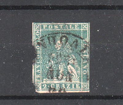 Почтовая марка Тосканы (Италия). 1857 г. Мих.№13 ВЗ 2. Гашеная. Имеется дефект левого края.