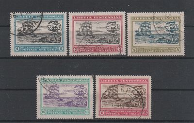 Почтовые марки Либерии. Парусник. 1923 г. Мих. №227-231. Гашеные.