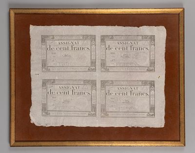 Франция. Ассигнации 100 франков. Сцепка из 4х шт. 1790-е. Оформлены в рамку. Состояние XF. Под 