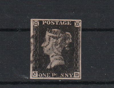 Почтовая марка Великобритании. 1 р. "черный пенни". Мих. №1. ВЗ 1. Гашеная.