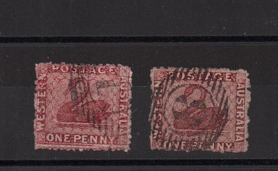 Почтовые марки Западной Австралии. 1864 г. 1 р. Мих. №14. Без ВЗ. Набор из 2-х марок с 