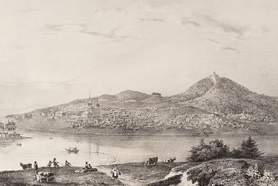 Адам В. (по рисунку), Вилленёв (литограф). Урал. Вид Кушвы и горы Благодать. 1833. Бумага 