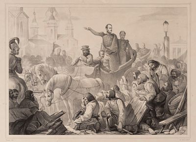 Фриман (гравер). Николай I усмиряет холерный бунт на Сенной площади. 1830-е гг. Бумага 