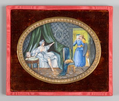 Racier. Будуарная сцена. Начало XIX века(?). Пластина из раковины, акварель, гуашь. Размер в 