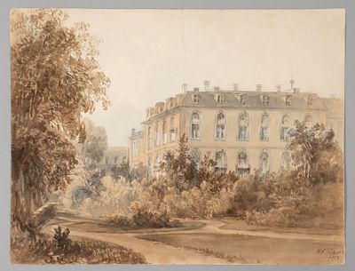 Питерс П. Ф. [по подписи] Вид на дворец Солитюд в Штутгарте. 1852. Бумага, акварель, графитный 