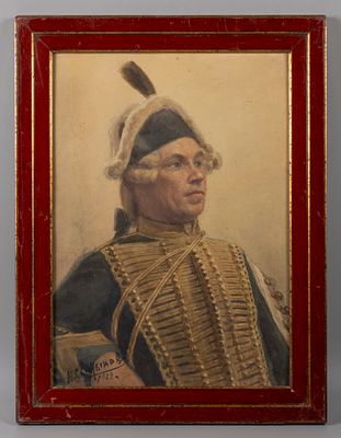 Салтыков М. Д. [по подписи] Портрет гусара. 1912. Бумага, акварель. Размер по раме 59,5х45,5 см. 