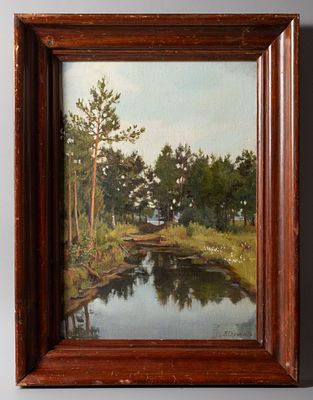 Степанов А. С. [по подписи] Река ведущая к озеру. Рубеж XIX-XX вв. Холст на картоне, масло. 