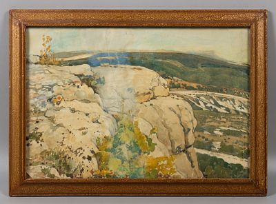 Подпись неразборчивая. Вид на скалу. 1935. Бумага, акварель. Размер по раме 36х49 см. Удовлетвор 