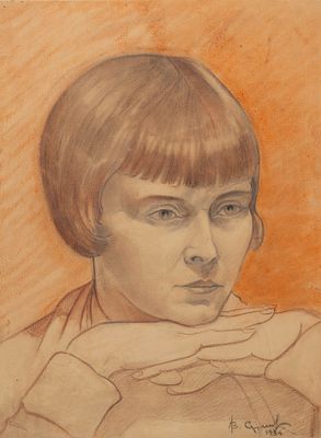 Подпись неразборчивая. Портрет девушки с каре. 1934. Бумага, сангина, уголь. Размер листа 39х29 см.