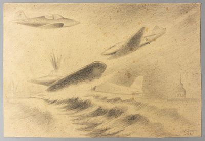 Ротач А. Л. Обстрел вражеского самолета. 1942. Бумага, графитный карандаш. Размер листа 26,4х39 см.