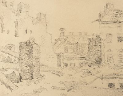 Инициалы "К.П." Руины дома. 1940-е гг(?). Бумага, графитный карандаш. Размер листа 26,5х35,5 см. 