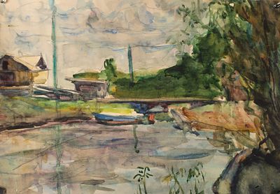 Эвенбах Е. К. [приписывается] Вид на реку. Середина XX века. Бумага, акварель. Размер листа 