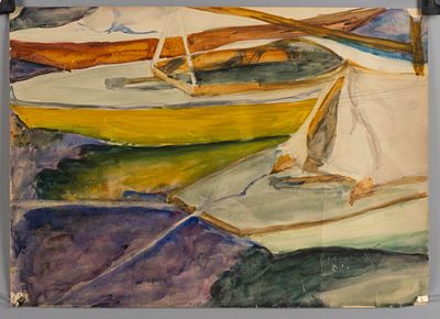 Эвенбах Е. К. [приписывается] Лодки. Середина XX века. Бумага, акварель. Размер листа 30,8х42,8 см.