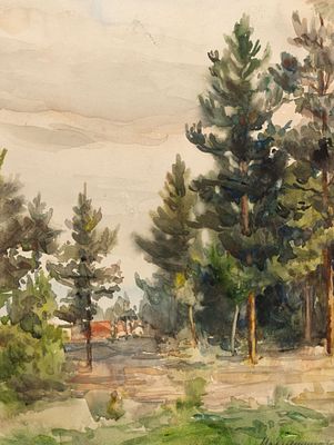 Масленникова И. Н. Высокие ели. 1950. Бумага, акварель. Размер листа 24,3х19,4 см. Условно 