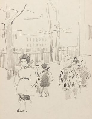 Харкевич И. И. Дети на прогулке зимой. 1960-е гг. Бумага, графитный карандаш. Размер листа 28 