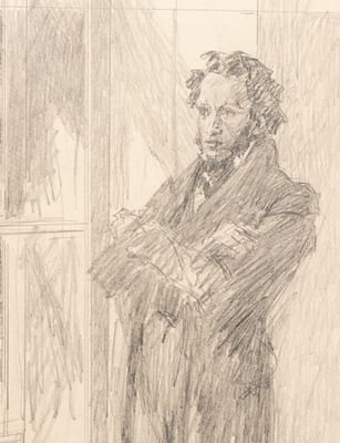 Веселов Г. Н. Пушкин у окна. 1960-е гг. Бумага, графитный карандаш. Размер листа 24,2х17,2 см. Х 