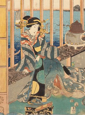Утагава Кунисада (?). Красавица, смотрящая на море. 1850-е гг. Бумага, цв. ксилография. Размер 