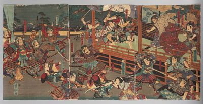 Утагава Ёситора. Битва в храме Хонно-дзи в Киото. Триптих. 1864. Бумага, цв. ксилография. 