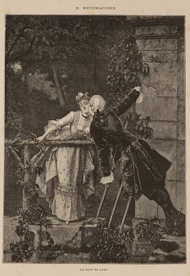 Прыжок волка (поцелуй украдкой). Торцовая ксилография с картины Э. П. Метцмахера. 1887. Размер 