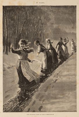 Игры на льду в парке Амстердама. Торцовая ксилография с картины Х. Даля. 1887. Размер листа 43 
