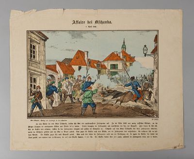 Лубок. Сражение в Ольшанке. Восстание в Польше. 1863-1864-е гг. Бумага, литография, акварель. 