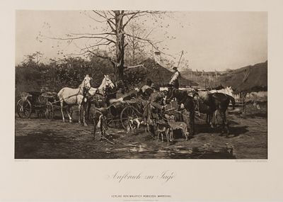 Гелиогравюра с картины "Сборы на охоту" Ю. Брандта. Начало XX века. Размер оттиска 19,5х33 см. Х 