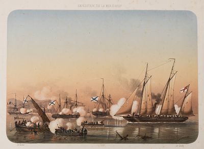 Канонерские лодки под огнем береговых батарей из Керчи заставляют три русских парохода 