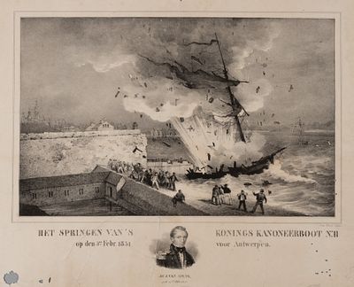 Взрыв II канонерской лодки Яна ван Спейка у Антверпена. 1830-е гг. Бумага, литография. Размер 