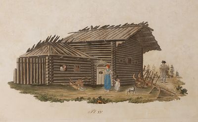 Аткинсон Дж. О. Крестьянский двор. 1810-е гг. Бумага, офорт, акварель. Размер листа 25,8х37 см. 
