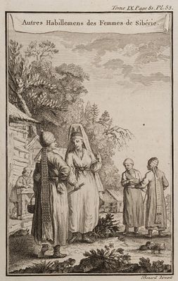 Жительницы Сибири. XVIII век. Бумага верже, офорт. Размер оттиска 15х9,5 см. Размер листа 20х12 см.