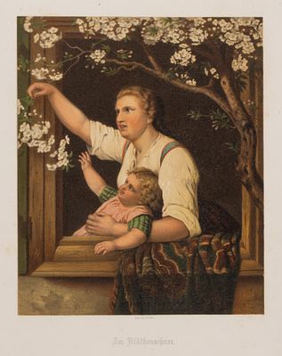 Мать и дитя. Олеография с картины А. Диркса. Середина XIX века. Размер листа 33х25 см. Хорошее 