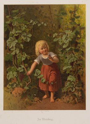 Девочка на винограднике. Олеография с картины Ф. М. Ингенмея. Середина XIX века. Размер листа 