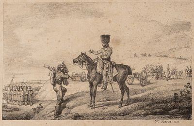 Верне О. Офицер верхом на лошади, отдающий приказ солдату с ружьем на плече. 1812(?). Бумага 