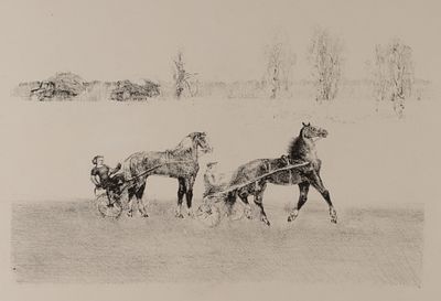 Курдов В. И. Скачки (Две повозки). 1970-е гг. Бумага, автолитография. Размер листа 44,7х59 см. Х 