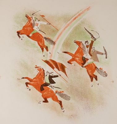 Курдов В. И. &laquo;На коня, пролетарий!&raquo;. 1960-е гг. Бумага, цв. автолитография. Размер листа 54х49,5 см.