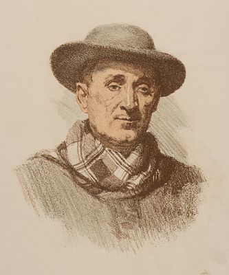 Ковалев А. С. Портрет мужчины в шляпе. 1954. Бумага, цв. литография. Размер листа 31,3х24 см. Хо 