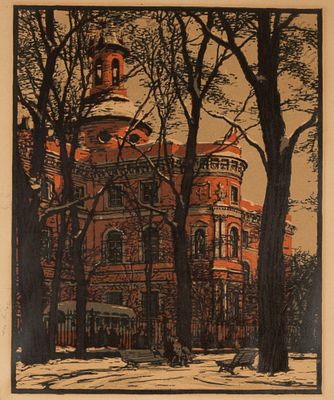 Смирнов В. В. Михайловский замок. 1950-е гг. Бумага, цв. линогравюра. Размер оттиска 43,5х35 см. 