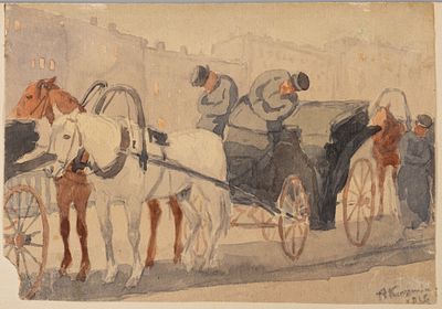 Подпись неразборчивая. Отдых ямщиков. 1916. Бумага, акварель. Размер листа 8,7х12,4 см. Хорошее 