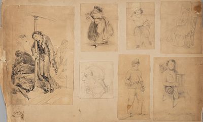 Н/х. Лист из альбома с набросками. 7 рисунков. Середина XIX века. Бумага, тушь, перо, карандаш. 